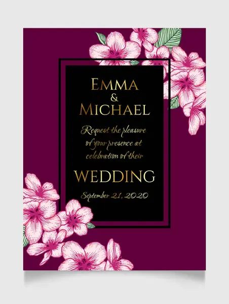 ベクトル植物花の結婚式の招待状 リンゴの花とブラックフレームのダークピンクエレガントなカードテンプレート グリーティングカード 注釈のためのロマンチックなデザイン — ストックベクタ