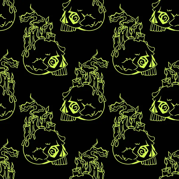ベクターハロウィン落書きの頭蓋骨 キャンドルシームレスなパターン パーティーポスターのデザイン背景 手描きの漫画イラスト 酸性緑の上に隔離された物体 — ストックベクタ