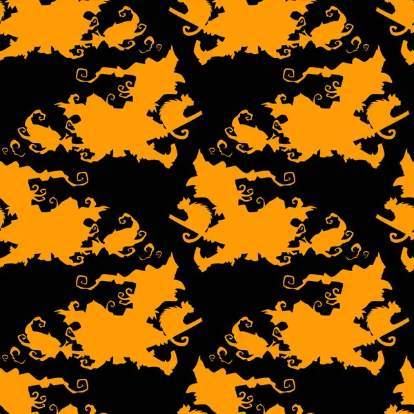 ブロムスティックベクトルの魔女ハロウィーンのシームレスなパターン パーティーポスターのデザインの背景 黒とオレンジで手描きの漫画イラスト — ストックベクタ