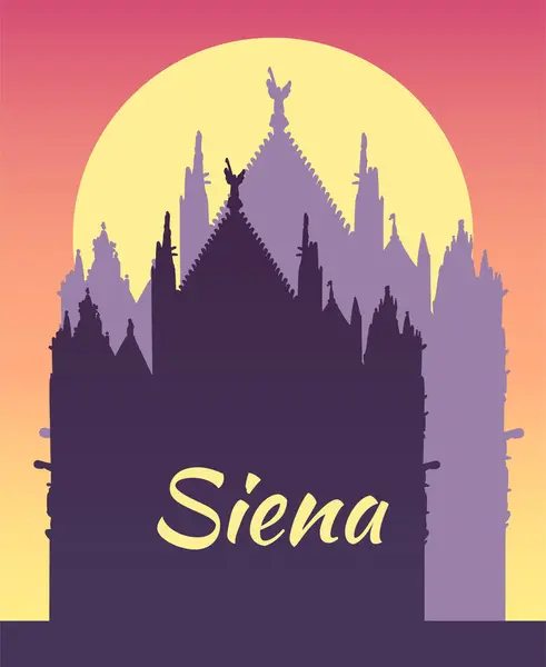 イタリアのデュオモ シエナ大聖堂のベクトル図面 建築観光のランドマーク 旅行先 手描きの夜の太陽のシルエットイラスト — ストックベクタ