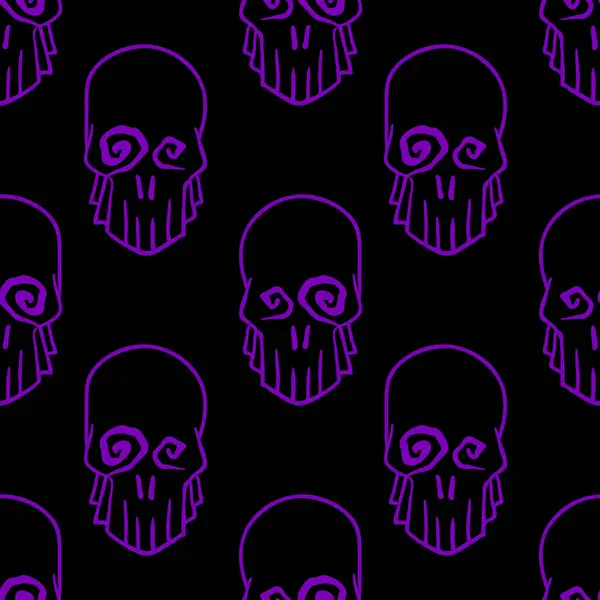病媒万圣节涂鸦骷髅无缝图案 派对海报的设计背景 用紫色画过黑色的手绘漫画 — 图库矢量图片#