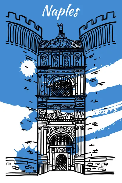 イタリア ナポリのカステルヌヴォ門のラインアートベクター図面 建築観光のランドマーク 旅行先 緩いブラシ ストローク上の手描きイラスト — ストックベクタ