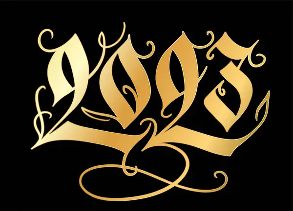 ゴールデン2023 新年の挨拶カードの手紙 ゴシック様式の金書の数字は黒に隔離されている 手描きのベクターデザインイラスト — ストックベクタ