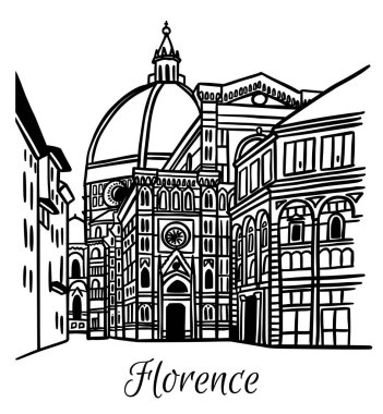 İtalya, Floransa 'daki Santa Maria del Fiore Katedrali' nin çizim çizimi. Mimari turizm simgesi, seyahat yeri. El çizimi siyah ve beyaz çizim