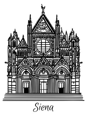 İtalya 'daki Duomo di Siena Katedrali' nin çizim çizimi. Mimari turizm simgesi, seyahat yeri. El çizimi siyah ve beyaz çizim