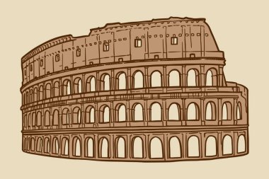 Roma, İtalya 'da Colosseum' un çizgi çizimi. Mimari turizm simgesi, seyahat yeri. El çizimi klasik kahverengi çizimler