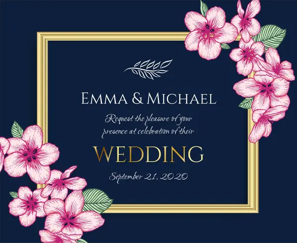 Vector Botanical Floral Wedding Invitation Dark Blue Elegant Card Template — Stock Vector