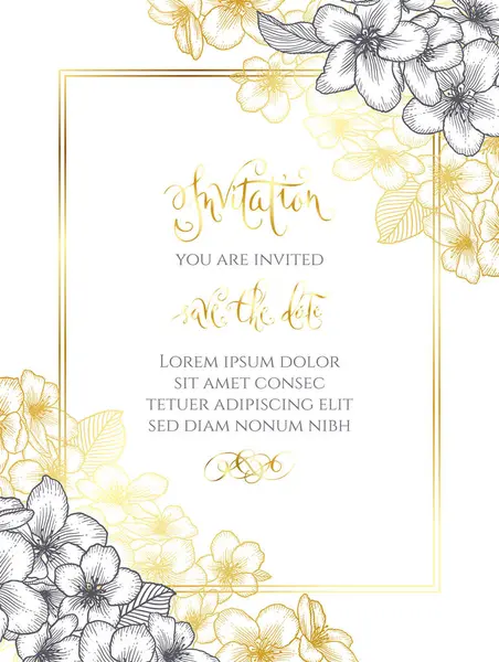 Blommig Botaniska Gyllene Bröllop Inbjudan Elegant Kort Mall Med Guld — Stock vektor