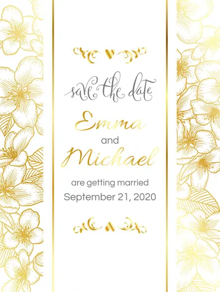 Blommigt Bröllop Inbjudan Gyllene Elegant Kort Mall — Stock vektor