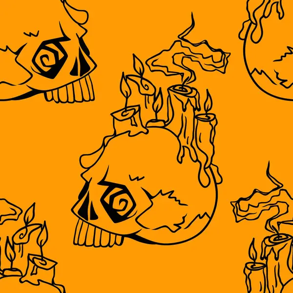 Vector Halloween Doodle Skulls Candles Seamless Pattern Design Background Party — Stock Vector