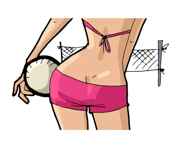 Пляжный Волейбол Женщина Розовом Купальнике Стоящая Мячом Ручной Рисунок Векторной — стоковый вектор