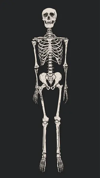 Human Skeleton Standing Isolated Dark Gray Background Front View Hand — Stock Vector