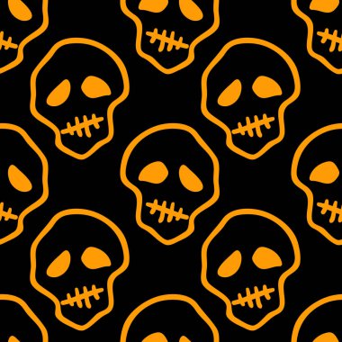Vektör cadılar bayramı karalama kafatasları kusursuz desen. Parti posteri için tasarım arka planı. El çizimi karikatür çizimi turuncu üzeri siyah.