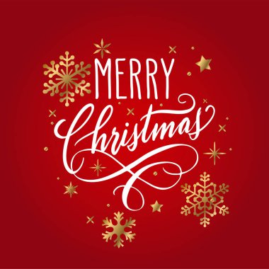 Elle yazılmış Noel selamları, kırmızı üzerine beyaz ve altın kar taneleriyle yazılmış modern şenlik el yazısı. Tatil sezonu tasarım element vektör çizimi.