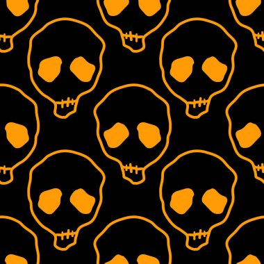 Vektör cadılar bayramı karalama kafatasları kusursuz desen. Parti posteri için tasarım arka planı. El çizimi karikatür çizimi turuncu üzeri siyah.