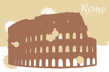 İtalya, Roma 'da Colosseum' un vektör çizimi. Mimari turizm simgesi, seyahat yeri. Gevşek fırça darbelerinin üzerine el çizimi siluet çizimi