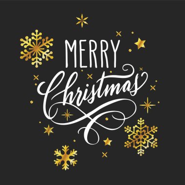 Elle yazılmış Noel selamları, modern şenlikli el yazısı, beyazdan siyaha yazılı, altın kar taneleriyle birlikte. Tatil sezonu tasarım element vektör çizimi.