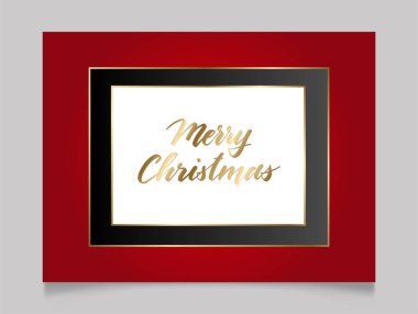 Kırmızı çerçevede el yazısıyla selamlama, altın ve beyaz harflerle yazılmış modern şenlik el yazısı. Tatil sezonu tasarım vektör çizimi.