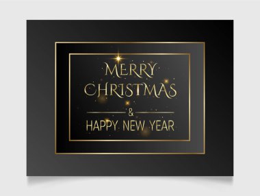 Altın dikdörtgen çerçeveli el yazısıyla Noel ve Yeni Yıl selamları, siyahın üzerinde modern festival harfleri. Tatil sezonu tasarım vektör çizim şablonu.