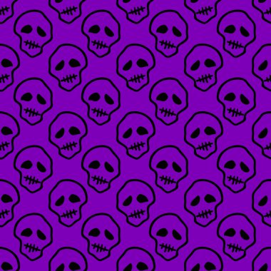 Vektör cadılar bayramı karalama kafatasları kusursuz desen. Parti posteri için tasarım arka planı. Mor üzerine siyah çizilmiş el çizimi karikatür çizimi.