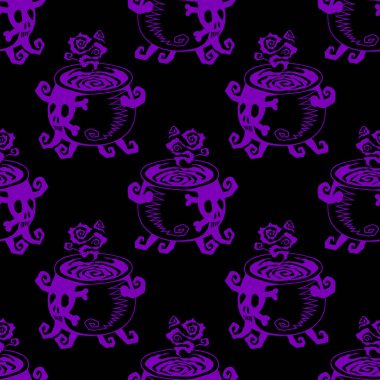 Kaynayan iksirli cadı kazanı, Cadılar Bayramı 'nda kusursuz desenli vektör. Parti posteri için tasarım arka planı. Elle çizilmiş karikatür çizimi siyah üzerine mor.