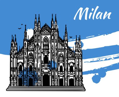 İtalya 'daki Milan Katedrali' nin çizgi çizimi. Mimari turizm simgesi, seyahat yeri. Fırça darbelerinin üzerine el çizimi çizimi