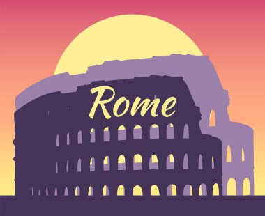 İtalya, Roma 'da Colosseum' un vektör çizimi. Mimari turizm simgesi, seyahat yeri. Elle çizilmiş akşam güneşi silueti çizimi