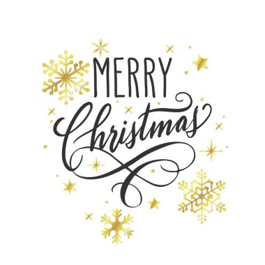 Elle yazılmış Noel selamları, modern şenlikli el yazısı beyaz üzerine siyah harflerle yazılmış altın kar taneleri. Tatil sezonu kart vektör çizimi.