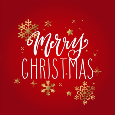 Elle yazılmış Noel selamları, kırmızı üzerine beyaz ve altın kar taneleriyle yazılmış modern şenlik el yazısı. Tatil sezonu tasarım element vektör çizimi.