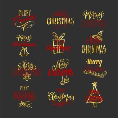 El yazısıyla selamlama seti, koyu gri üzerine kırmızı ve altın harflerle yazılmış modern şenlik el yazısı. Tatil sezonu tasarım elemanları vektör illüstrasyonu.