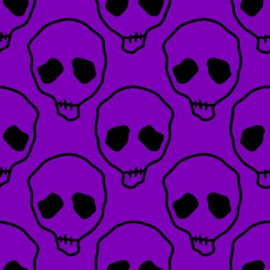 Vektör cadılar bayramı karalama kafatasları kusursuz desen. Parti posteri için tasarım arka planı. Mor üzerine siyah çizilmiş el çizimi karikatür çizimi.