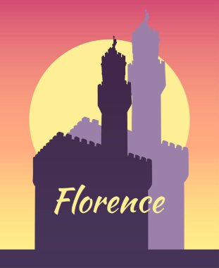 İtalya Floransa 'daki Palazzo Vecchio' nun vektör çizimi. Mimari turizm simgesi, seyahat yeri. Elle çizilmiş akşam güneşi silueti çizimi