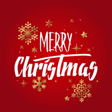 Elle yazılmış Noel selamları, kırmızı üzerine beyaz ve altın kar taneleriyle yazılmış modern şenlik el yazısı. Tatil sezonu tasarım element vektör çizimi.