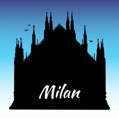 İtalya 'daki Milan Katedrali' nin vektör çizimi. Mimari turizm simgesi, seyahat yeri. Mavi gökyüzüne karşı el çizimi siluet çizimi