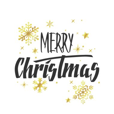 Elle yazılmış Noel selamları, modern şenlikli el yazısı beyaz üzerine siyah harflerle yazılmış altın kar taneleri. Tatil sezonu kart vektör çizimi.