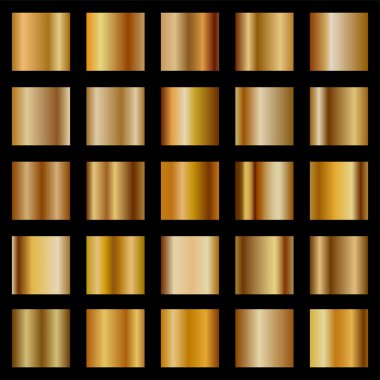 Altın doku gradyan arkaplan vektörü seti. Çerçeveler, afişler ve etiketler için metalik tasarım. Gerçekçi soyut altın desen. Zarif ışık ve parlak metal şablon.