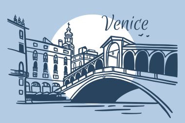 İtalya, Venedik 'teki Rialto Köprüsü' nün çizim çizimi. Mimari turizm simgesi, seyahat yeri. El çizimi illüstrasyon