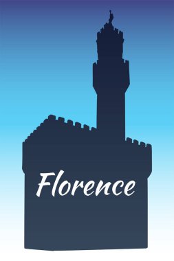İtalya Floransa 'daki Palazzo Vecchio' nun vektör çizimi. Mimari turizm simgesi, seyahat yeri. Mavi gökyüzüne karşı el çizimi siluet çizimi