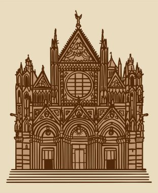 İtalya 'daki Duomo di Siena Katedrali' nin çizim çizimi. Mimari turizm simgesi, seyahat yeri. El çizimi klasik kahverengi çizimler