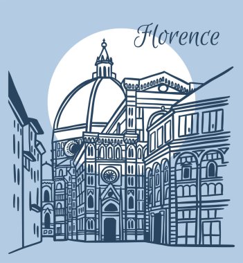 İtalya, Floransa 'daki Santa Maria del Fiore Katedrali' nin çizim çizimi. Mimari turizm simgesi, seyahat yeri. El çizimi illüstrasyon