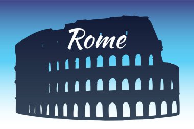 İtalya, Roma 'da Colosseum' un vektör çizimi. Mimari turizm simgesi, seyahat yeri. Mavi gökyüzüne karşı el çizimi siluet çizimi