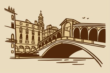 İtalya, Venedik 'teki Rialto Köprüsü' nün çizim çizimi. Mimari turizm simgesi, seyahat yeri. El çizimi klasik kahverengi çizimler