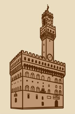 İtalya, Floransa 'daki Palazzo Vecchio' nun çizim çizimi. Mimari turizm simgesi, seyahat yeri. El çizimi klasik kahverengi çizimler
