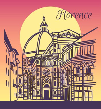 İtalya, Floransa 'daki Santa Maria del Fiore Katedrali' nin çizim çizimi. Mimari turizm simgesi, seyahat yeri. El çizimi akşam güneşi illüstrasyonu