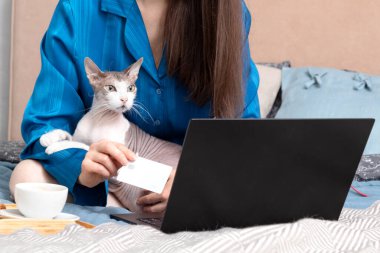 İnternetten bir şey almak için dizüstü bilgisayar kullanan güzel bir kadın.