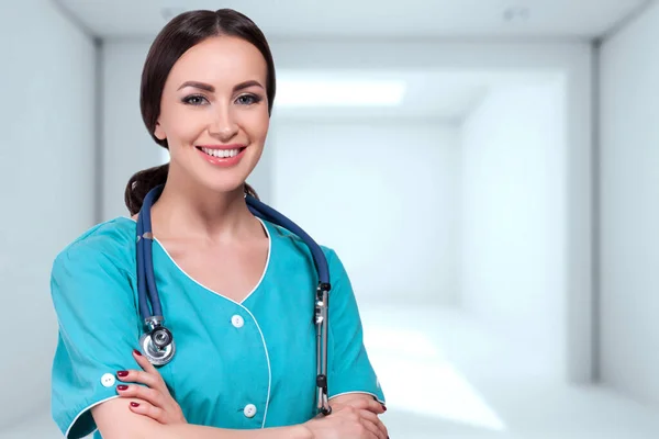 Portrait Beautiful Young Woman Doctor Stethoscope Hospital — Stock Photo, Image