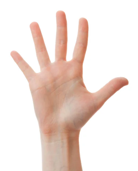 Mano Humana Mostrando Cinco Dedos Aislados Sobre Fondo Blanco — Foto de Stock
