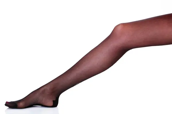 Female Leg Black Stockings Isolated White Background — Stock Photo, Image