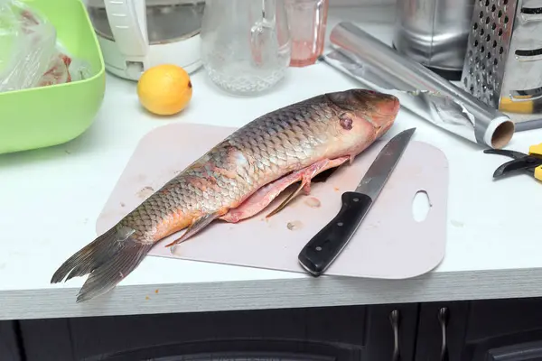 Carp Fish Knife Kitchen Table — Stock Photo, Image