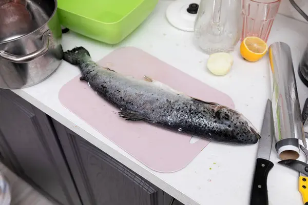 キッチンテーブルの魚とナイフ ストック写真